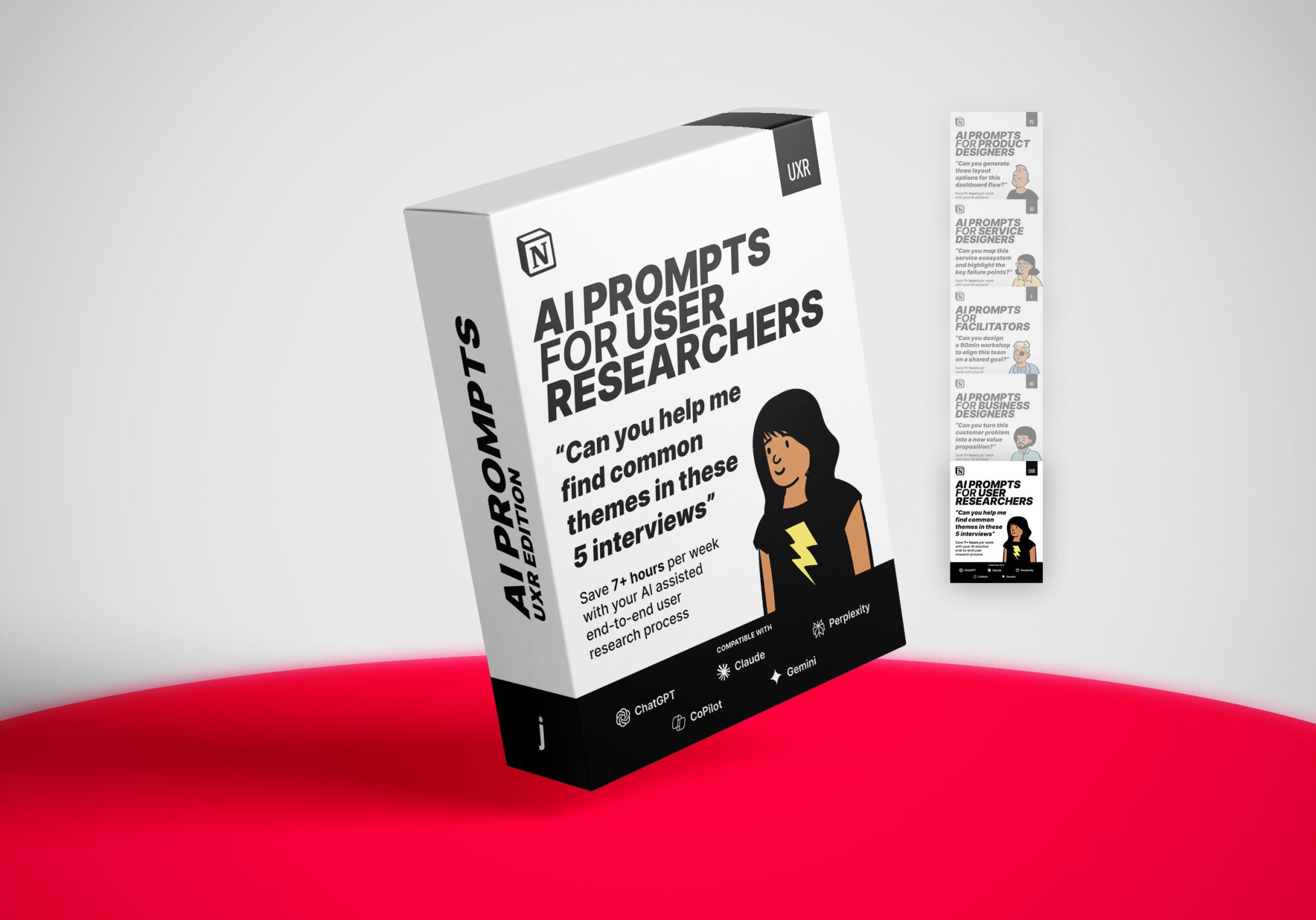 The original AI Prompts for User Researchers boxed Notion product